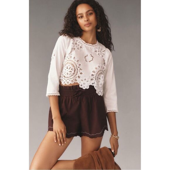 NEW By Anthropologie Scallop-Hem Flared Leg Elastic Waist Short Shorts X-Small - Picture 1 of 4
